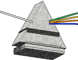 A stone prism on a plinth, a ribbed band around its waist. A white beam enters and leaves split into four colours.